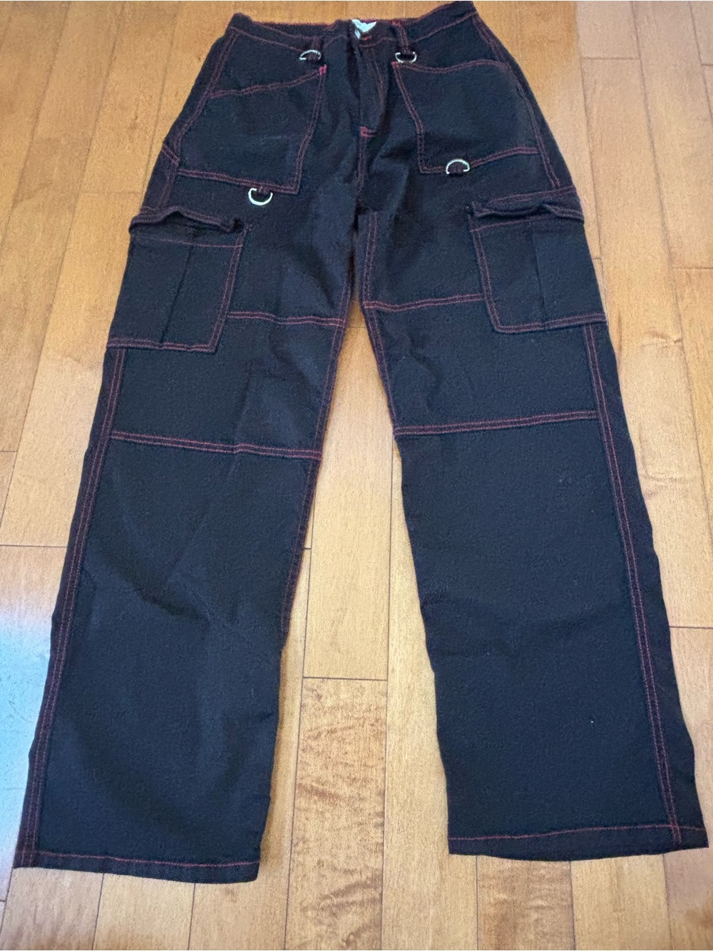 Aphrodite Emo Grunge Women’s Size 7 Black Cargo Pants Wide Leg Red Stitching